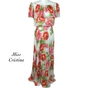 Miss Cristina White Red Rose Flower Off Shoulder Crepe Maxi Dress NWOT Size M